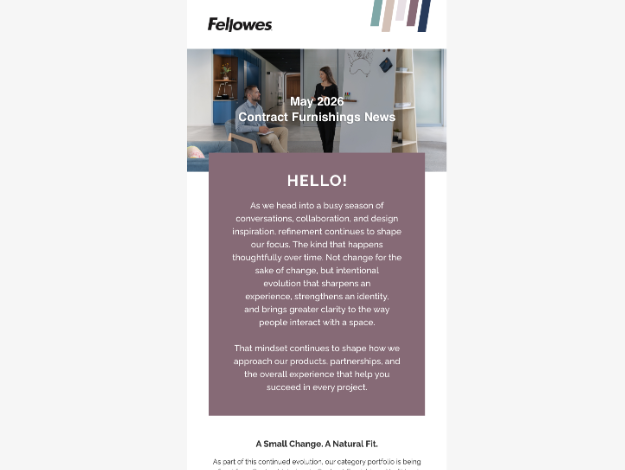 a cropping of the html email I created for Fellowes Brands consisting of the email hero intro