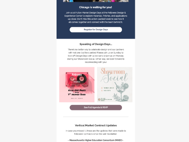 a cropping of the html email I created for Fellowes Brands consisting of event content