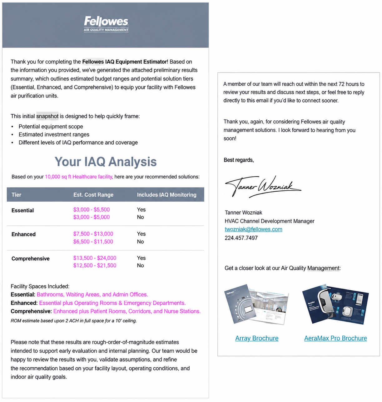 a cropping of the html email I created for Fellowes Brands consisting of estimator content